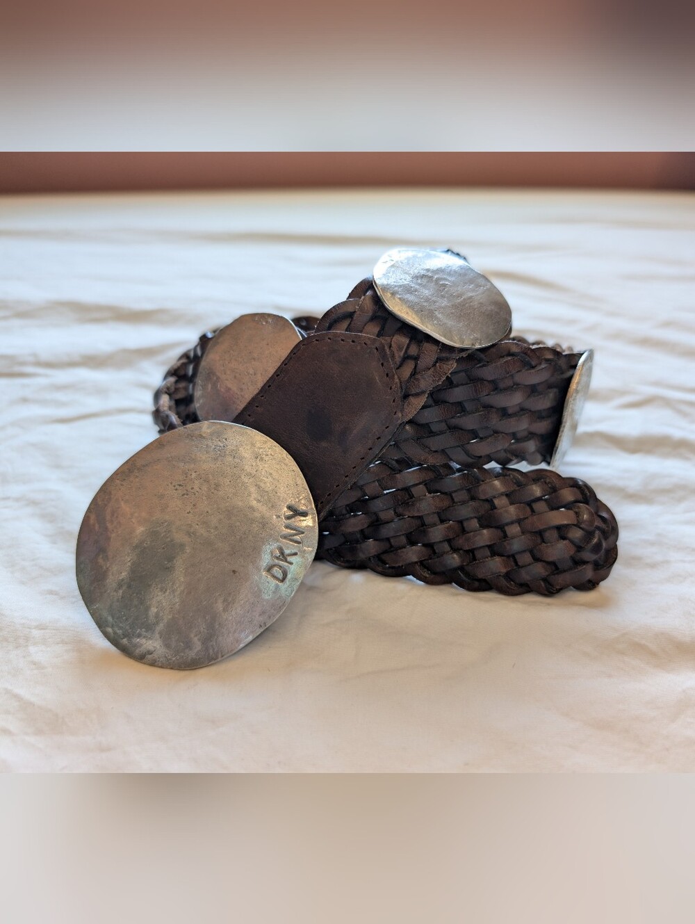 Vintage DKNY Braided Leather and Metal Belt Medium/Large Brown/Silver Toned